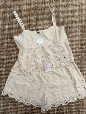 American Eagle Outfitters Cream Eyelet Scalloped Shorts And Top NWT